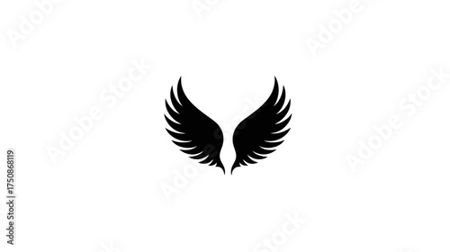 Stylized black angel wings vector graphic illustration on white background, abstract design representing freedom, flight, and spirituality