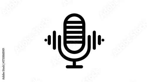 Vintage microphone icon for podcast, audio recording, broadcasting, and voice-over. Black line art on white background.
