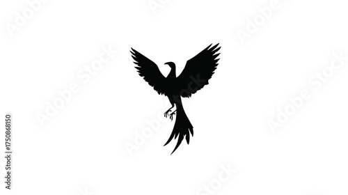 Graceful Black Bird Silhouette with Soaring Wings and Flowing Tail, Abstract Avian Art on White Background, Elegant Design Element
