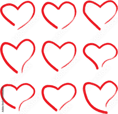 Collection of hand drawn red heart shapes isolated on white simple romantic icons