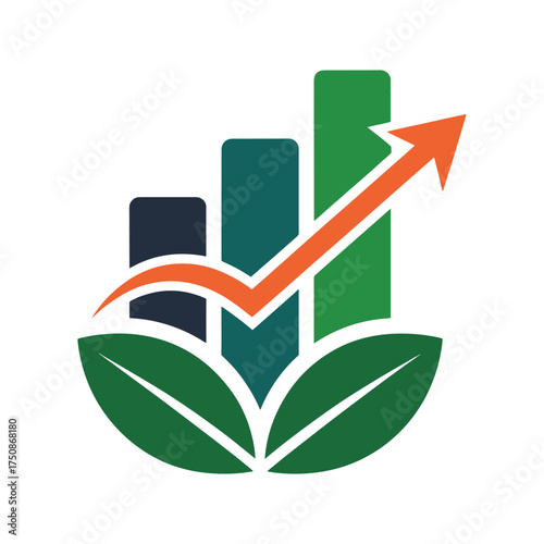 Green leaves and rising bar graph with orange arrow growth finance