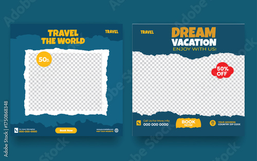 Travel and Tourism Business Marketing Banner. Holidays Tours and Travels Advertising Social Media Posts. Explore the World ads Template Square poster flyer bundle design.                              