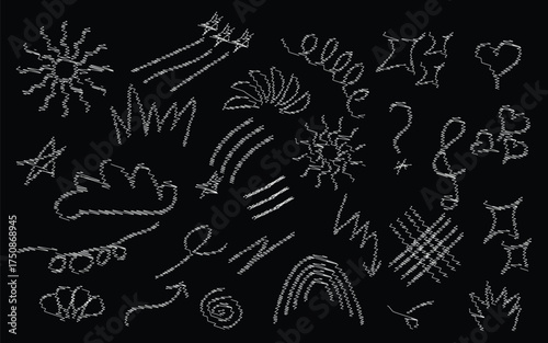 hand drawn white doodle elements on black background, abstract sketch line art collection, minimal doodle pattern design set