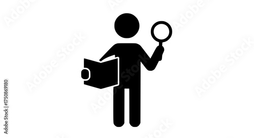 Man with a magnifying glass and holding a book 