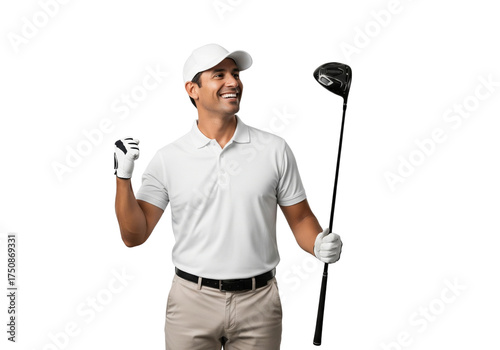 A golfer is smiling while holding a golf club and wearing a golf glove and a cap