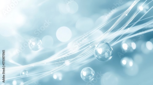 Fototapeta Naklejka Na Ścianę i Meble -  Abstract light blue background, glowing lines, spheres, bokeh.  Website banner, design element