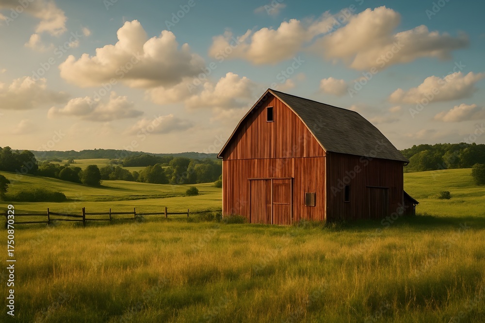 Obraz premium Rustic red barn in countryside field at sunset