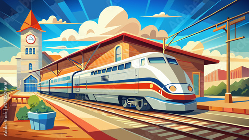 Very beautiful Amtrak train standing at a small-town station, bright sunlight over clean tracks, and nostalgic travel feeling evoking freedom and journey.
