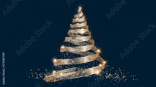 Elegant golden sparkling Christmas tree shape created from glitter ribbons on a dark blue background, festive holiday abstract design