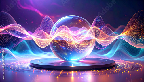 Abstract composition of glowing sound waves surrounding a crystal bowl, symbolizing energy, vibration, and frequency healing. Neon colors flow dynamically, evoking meditation, sound bath, and balance