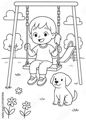 coloring book girl swinging on swing with puppy watching