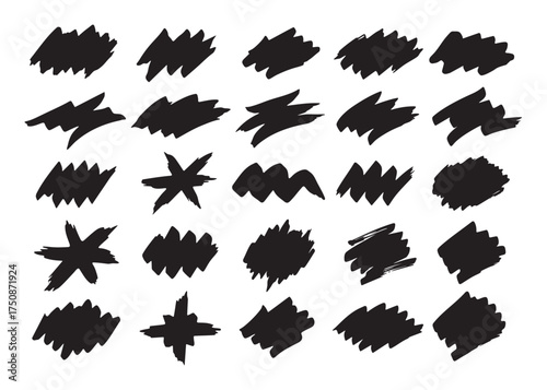 Collection of Black Brush Stroke Elements on White Background Vector