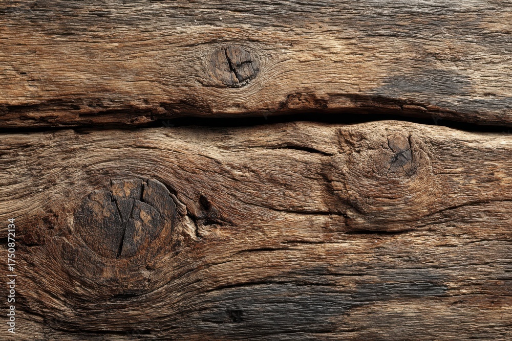 Naklejka premium Distressed wood texture with knots and weathered appearance creating a rustic background