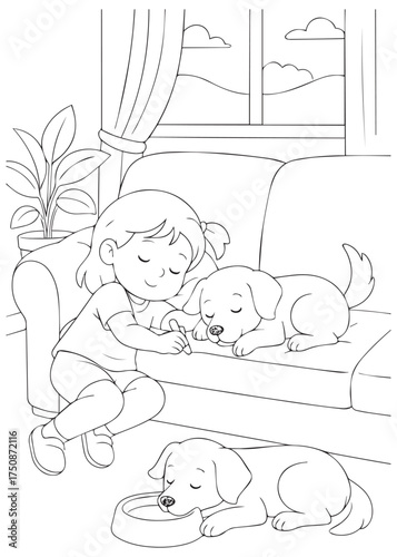 coloring book girl relaxing on sofa with puppies