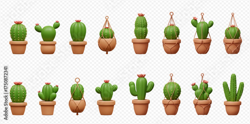 Collection of 3D rendered cartoon cacti in pots and hanging planters on a transparent background.