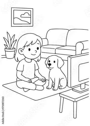coloring book girl watching TV with puppy on floor