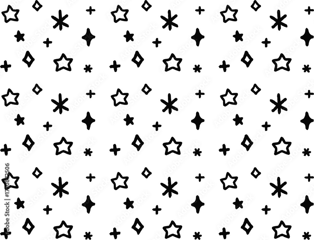 Fototapeta premium 手描きのキラキラ星背景。ゆるかわのベクターのシームレスパターン。Hand-drawn star wallpaper. Pen drawing seamless pattern background. 