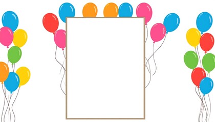 A colorful graphic of balloons surrounding an empty rectangular frame. Various bright colors are utilized on the balloons