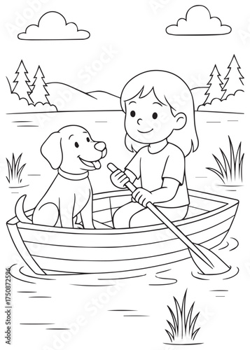 coloring book girl rowing boat with puppy on lake