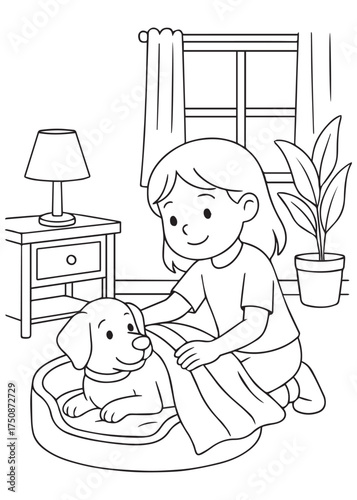 coloring book girl petting puppy on dog bed indoor