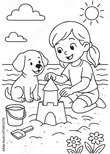 coloring book girl building sandcastle with puppy on beach