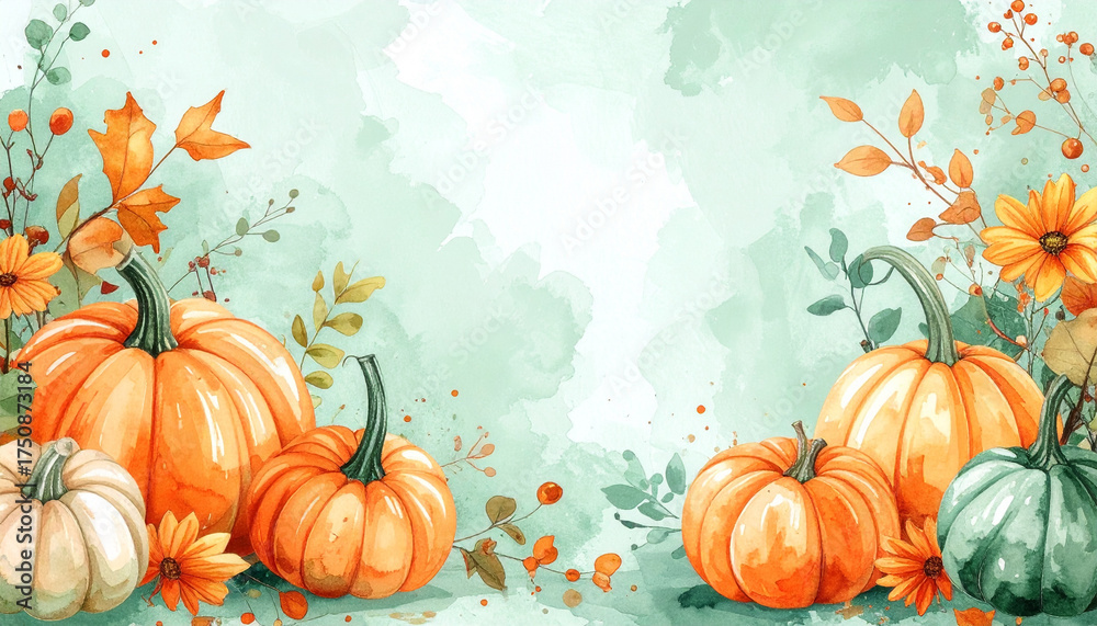 Naklejka premium Autumn banner with green and orange pumpkins and fall leaves, symbol for thanksgiving and harvest time, watercolor illustration banner with copy space for website or printed card, ripe winter squash