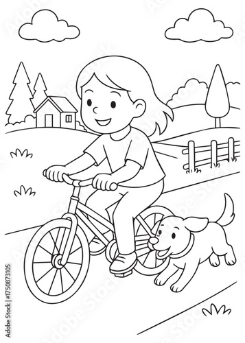 coloring book girl riding bike with puppy running beside