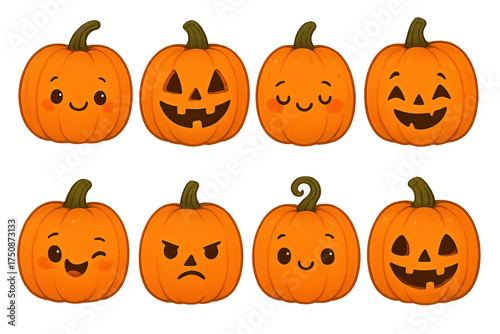 Adorable cartoon pumpkin clipart in Halloween style. Kawaii jack o’lantern characters with smiling, spooky, and funny faces. High-quality PNG with transparent background.
