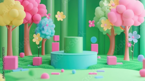 Fototapeta Naklejka Na Ścianę i Meble -  Colorful 3D scene with trees, flowers, and a podium for product presentation
