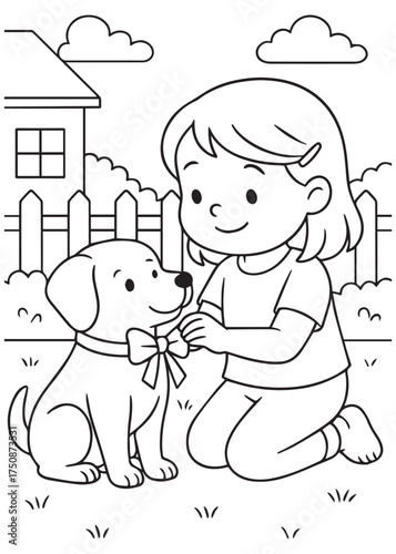 coloring book girl tying ribbon on puppy in back yard