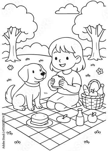 coloring book girl picnic with puppy in park