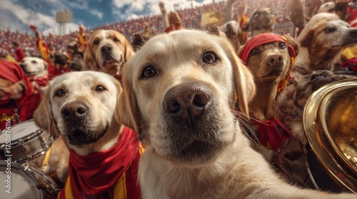 Golden retrievers taking a selfie in the middle of a sports stadium crowd