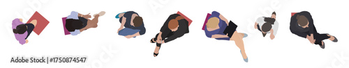 CAD drawings. Set of women in color isolated on a light background. Sitting, walking, running. Top view. Vector illustration.