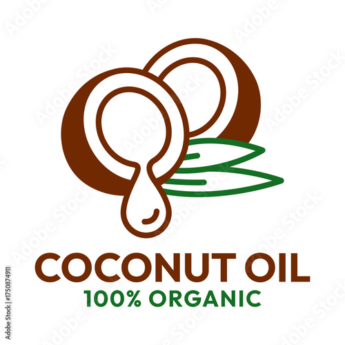 Coconut oil half with leaf icon set. 100% organic and natural. Coconut oil label, logo, badge, symbol, banner, line, flat vector, isolated illustration. Coconut oil label for product packaging design.