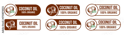 Coconut oil half with leaf icon set. 100% organic and natural. Coconut oil label, logo, badge, symbol, banner, line, flat vector, isolated illustration. Coconut oil label for product packaging design.