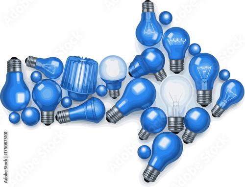 Create a kinds of deferent 3d render of blue billboard light bulb with arrow shape. vector art with white background..