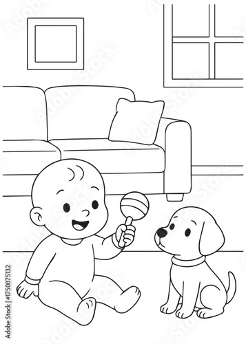 coloring book baby showing rattle to puppy in living room