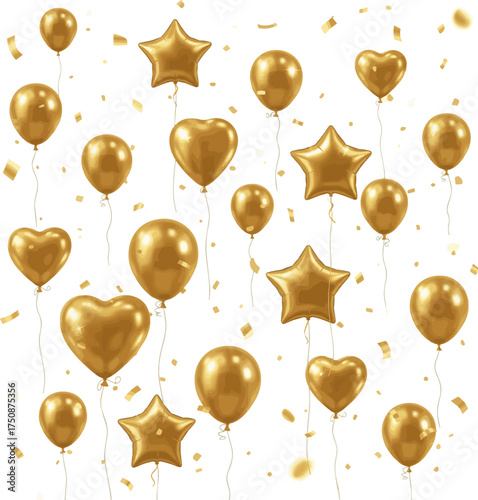  Create a kinds of deferent 3d render of golden balloons flying with confetti. vector art with white background.