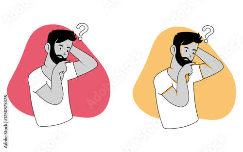 Thinking and Questioning: Flat Style Illustration,Confused Bearded Man Thinking Hard with a Question Mark - Problem Solving Concept Vector Illustration