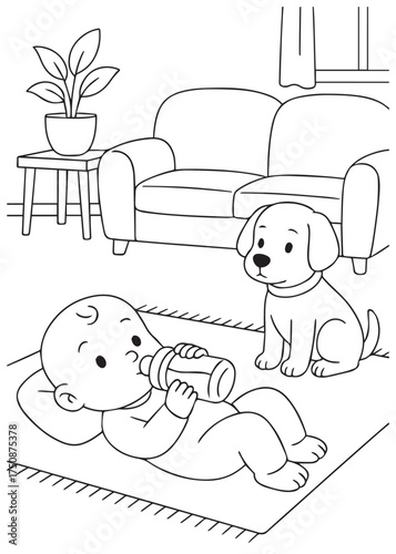 coloring book baby drinking bottle with lying on the floor while puppy sits nearby