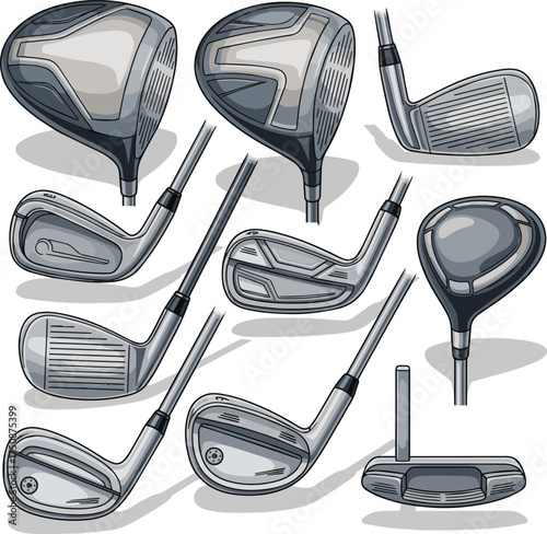 Create a kinds of deferent 3d render of golf club sport equipment. vector art with white background..