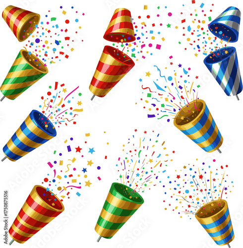  Create a kinds of deferent 3d render of party popper flying for celebrate. vector art with white background..
