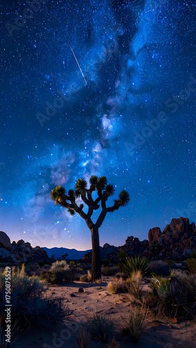Silhouetted desert tree under a vibrant night sky, showcasing the Milky Way and a shooting star