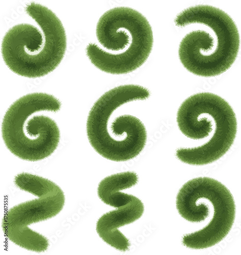 Create a kinds of deferent 3d render of green fluffy fur spiral shape vector art with white background