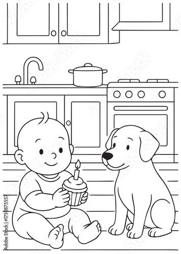 coloring book baby feeding puppy cupcake in kitchen