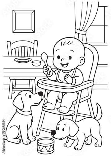 coloring book baby eating in high chair with puppies waiting