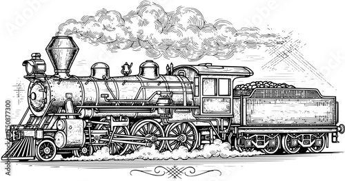 Engraved steam locomotive vector illustration. Vintage train etching highly detailed.
