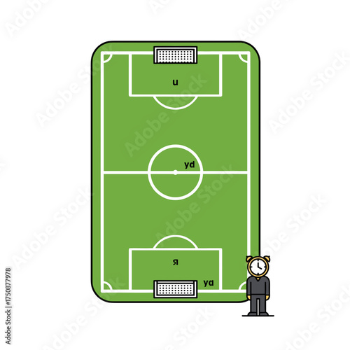Cartoon soccer field and timekeeper coach