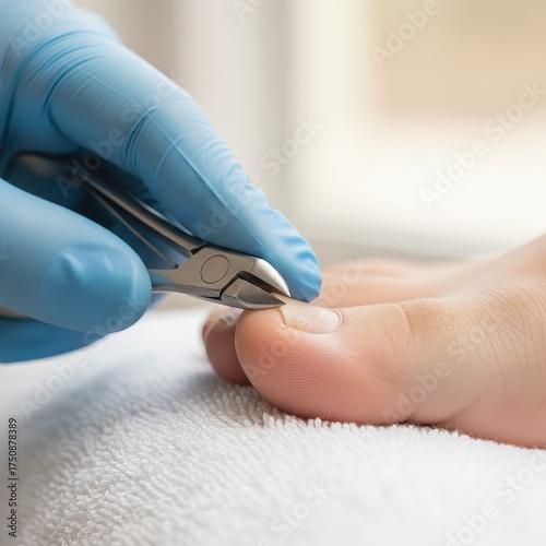 Pedicurist in blue gloves trimming toenail with nippers. Close up.