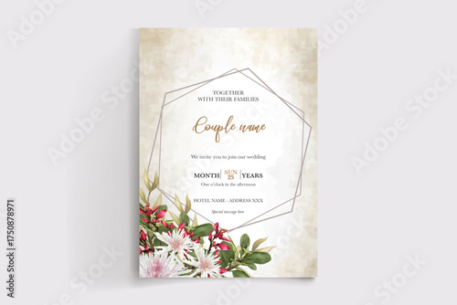 WEDDING INVITATION FRAME WITH FLOWER DECORATIONS AND FRESH LEAVES